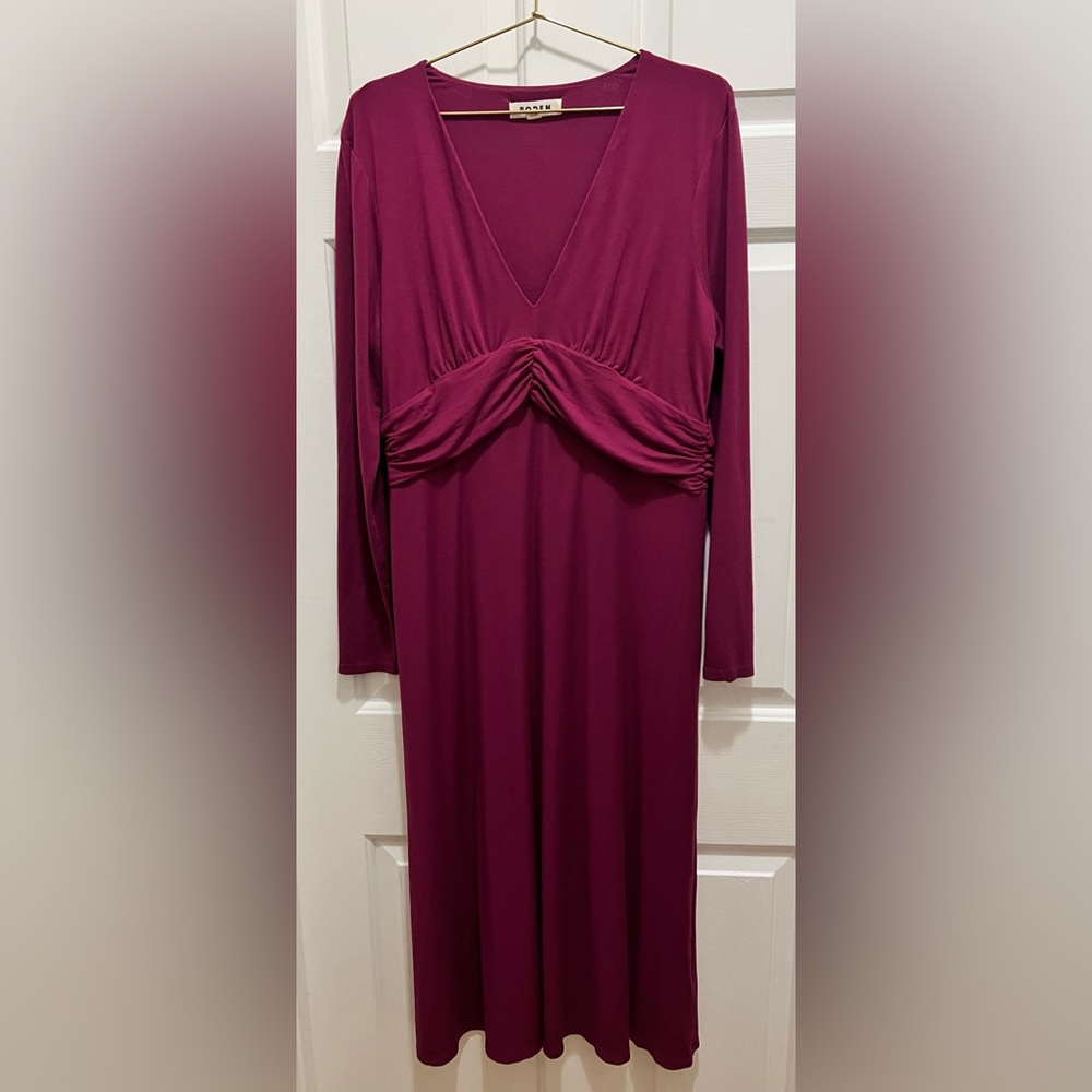 Boden Elodie Ruched Empire Waist Midi Long Sleeve Dress Damson Berry Purple | 14